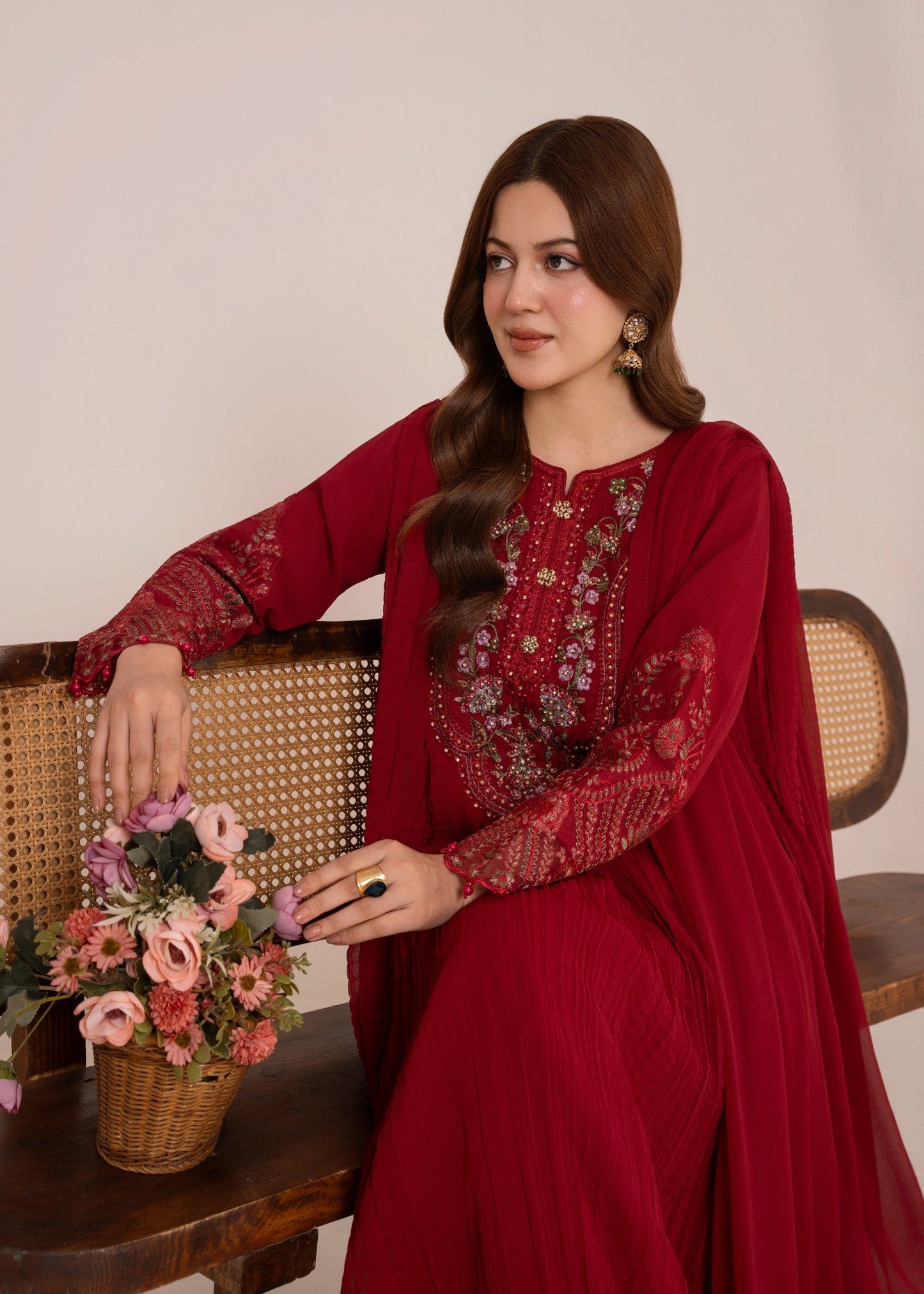 Red Crush - 3pc Chiffon Pishwas