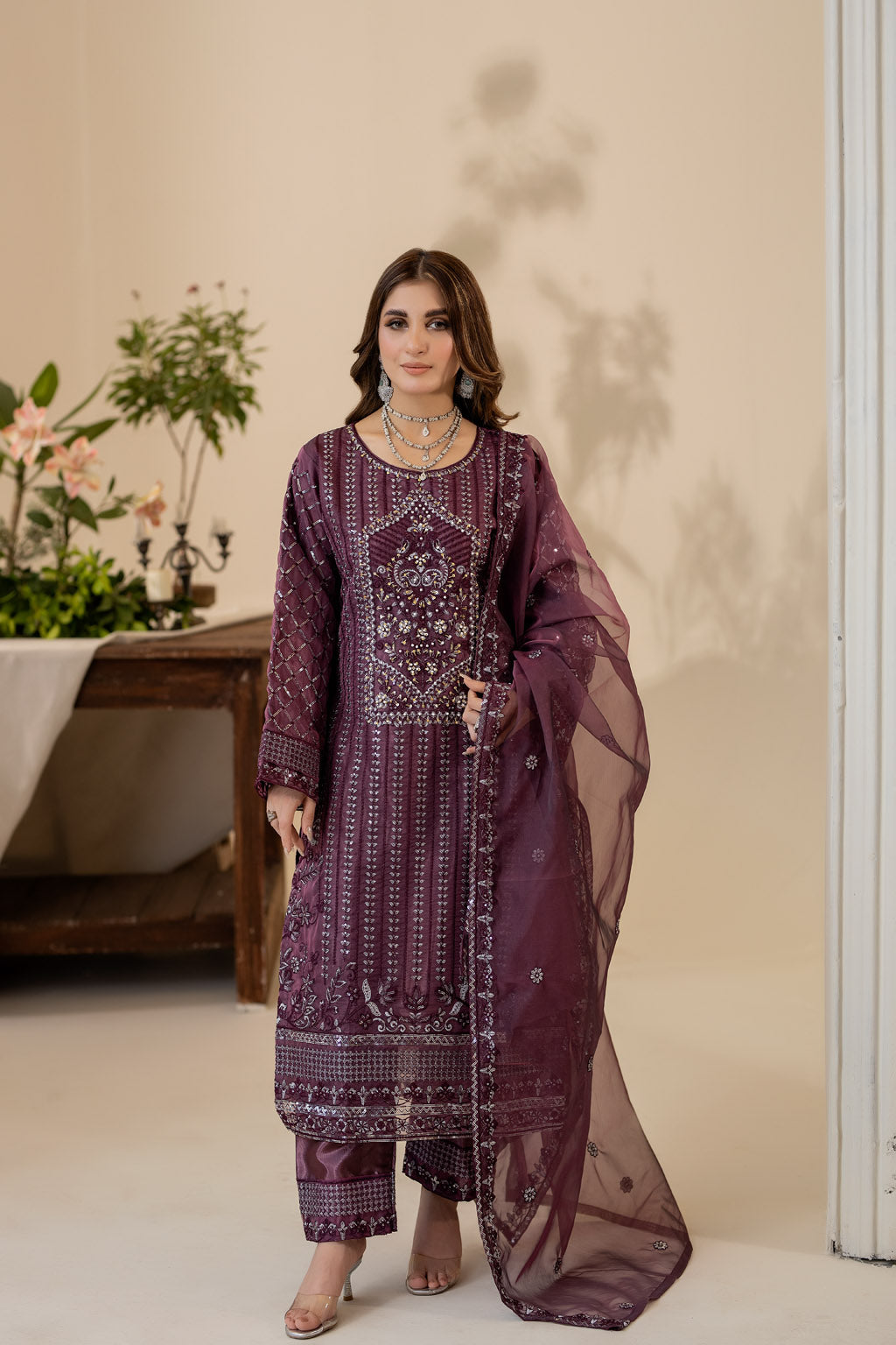 PLUM BLISS - 3PC ORGANZA KURTA SET