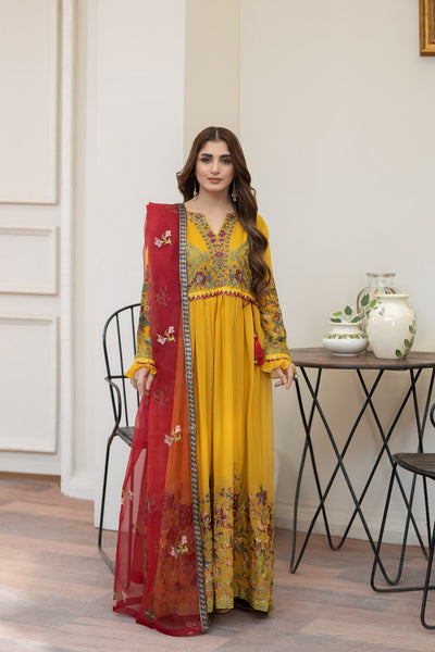 Blossoms Mustard Pishwas - 3PC CHIFFON