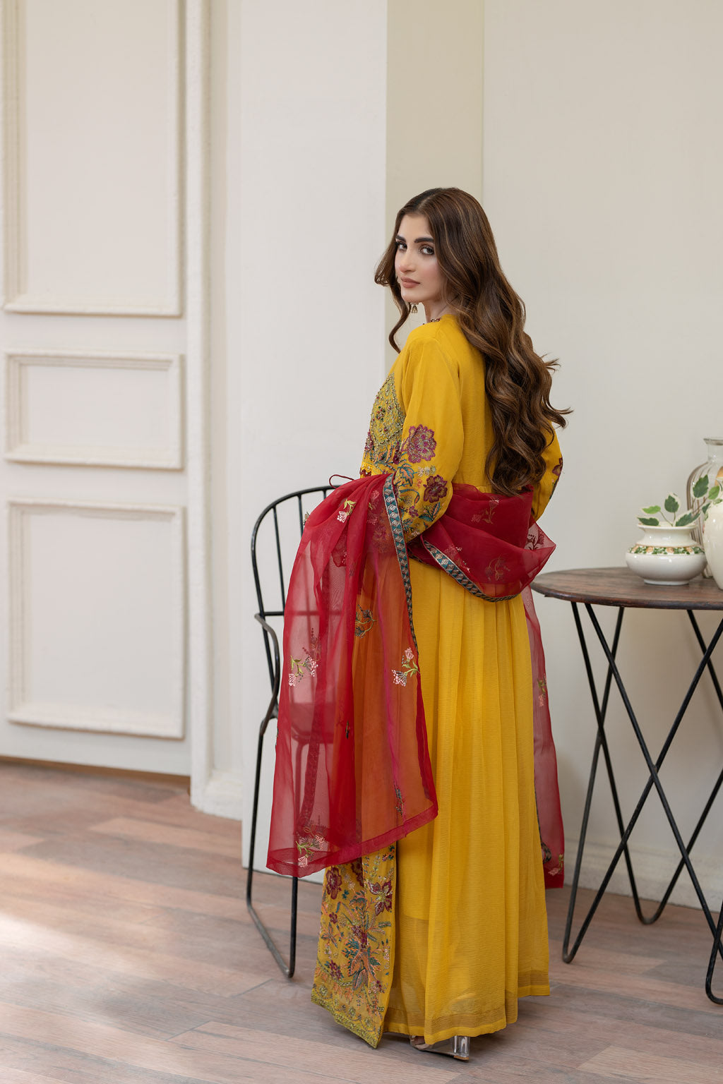 Blossoms Mustard Pishwas - 3PC CHIFFON