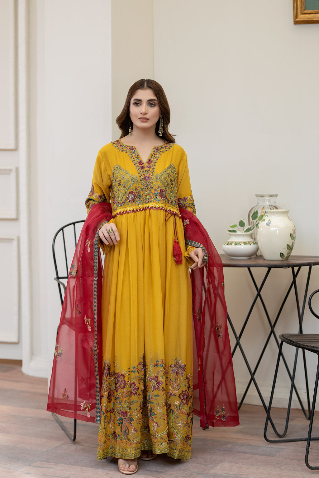 Blossoms Mustard Pishwas - 3PC CHIFFON