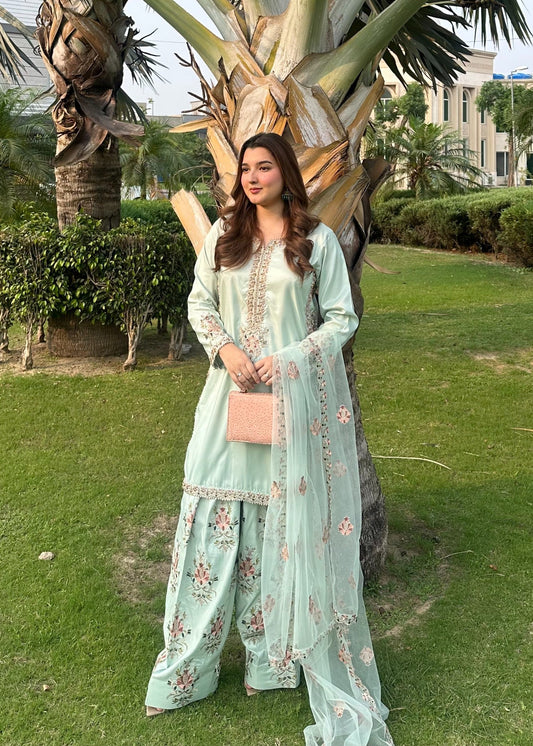 Mint Farshi Affair - 3pcs Silk Kurta Set