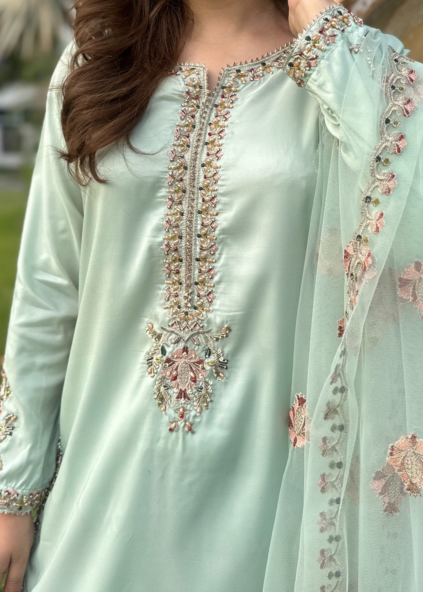 Mint Farshi Affair - 3pcs Silk Kurta Set