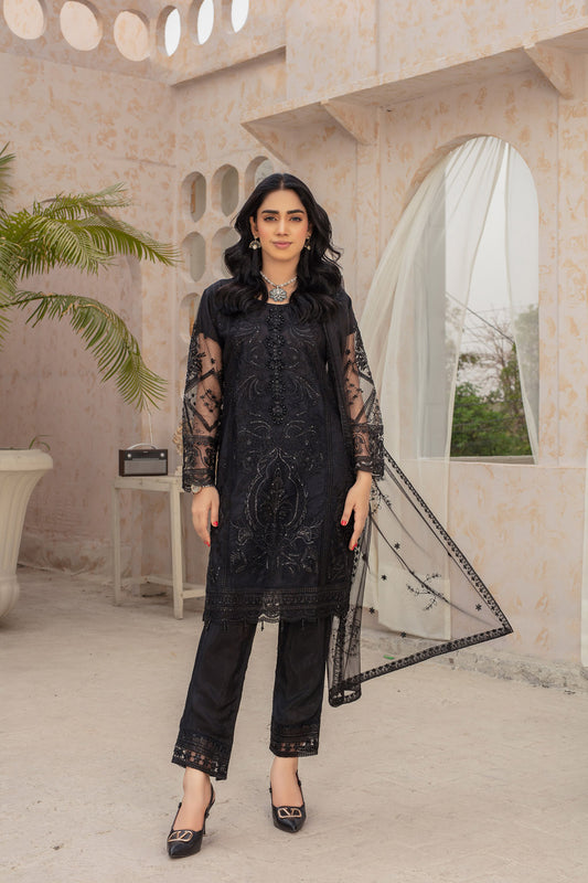 BLACK BEAUTY - 3 PC EMBROIDERED NET