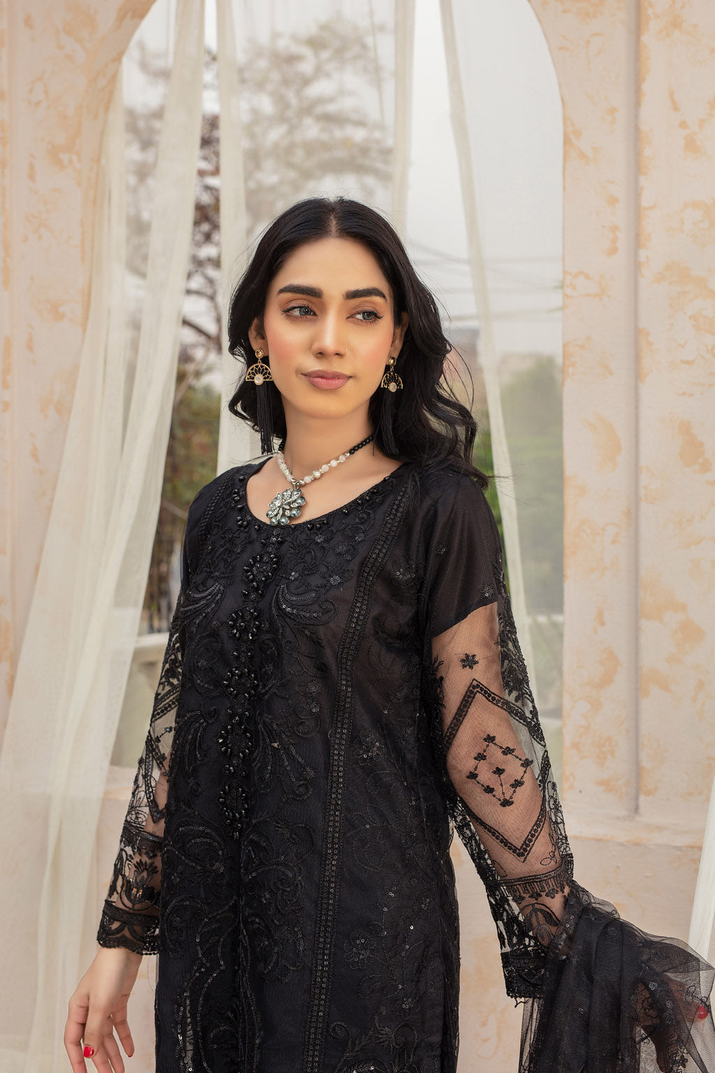 BLACK BEAUTY - 3 PC EMBROIDERED NET