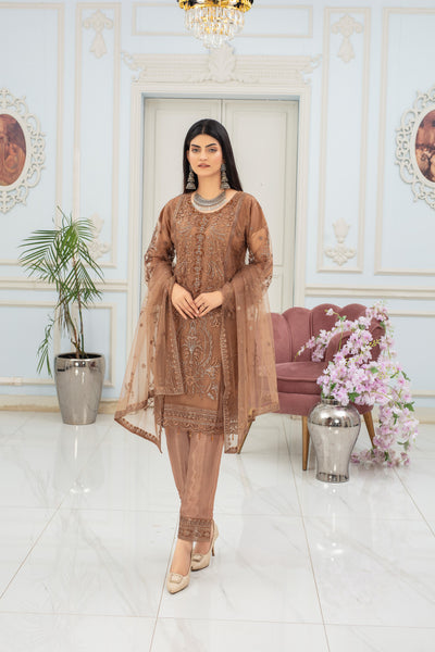 Coffee Elegance - 3 piece Embroidered Net