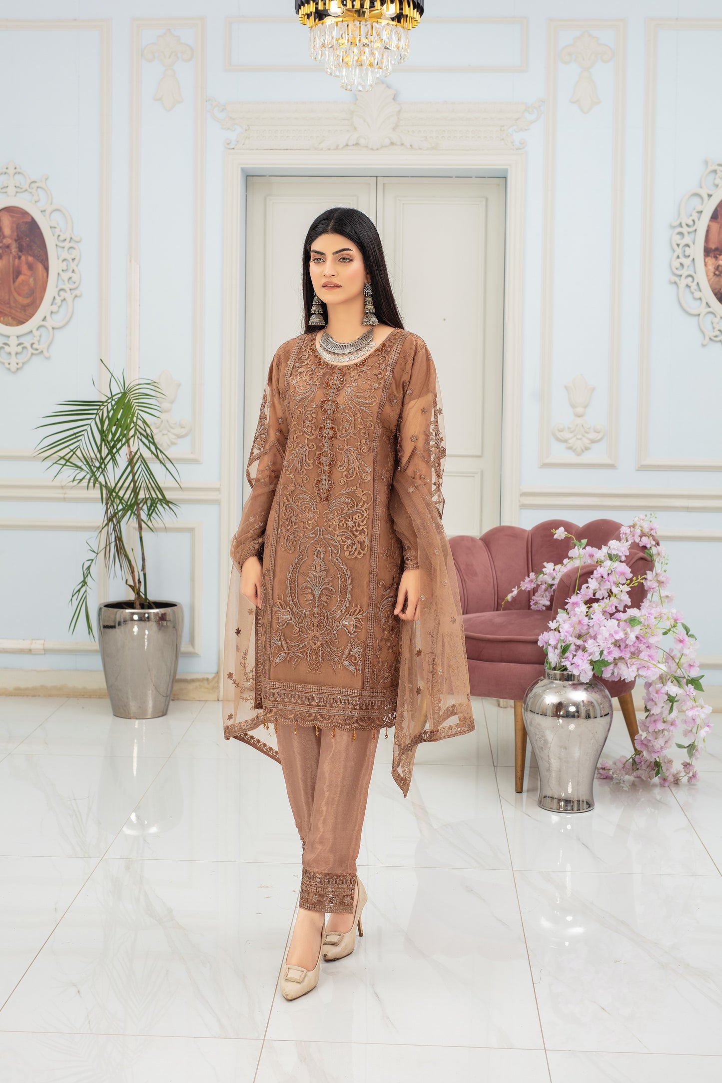 Coffee Elegance - 3 piece Embroidered Net
