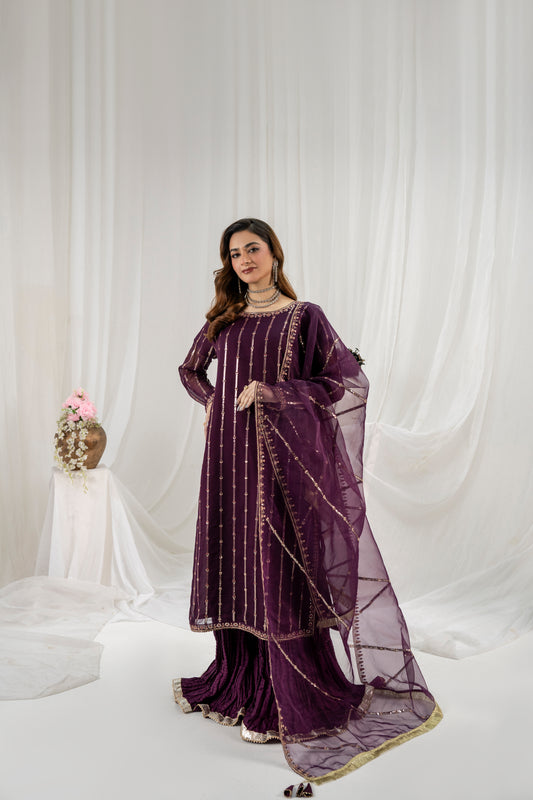 RANGEEN - 3PC CHIFFON SHARARA SET