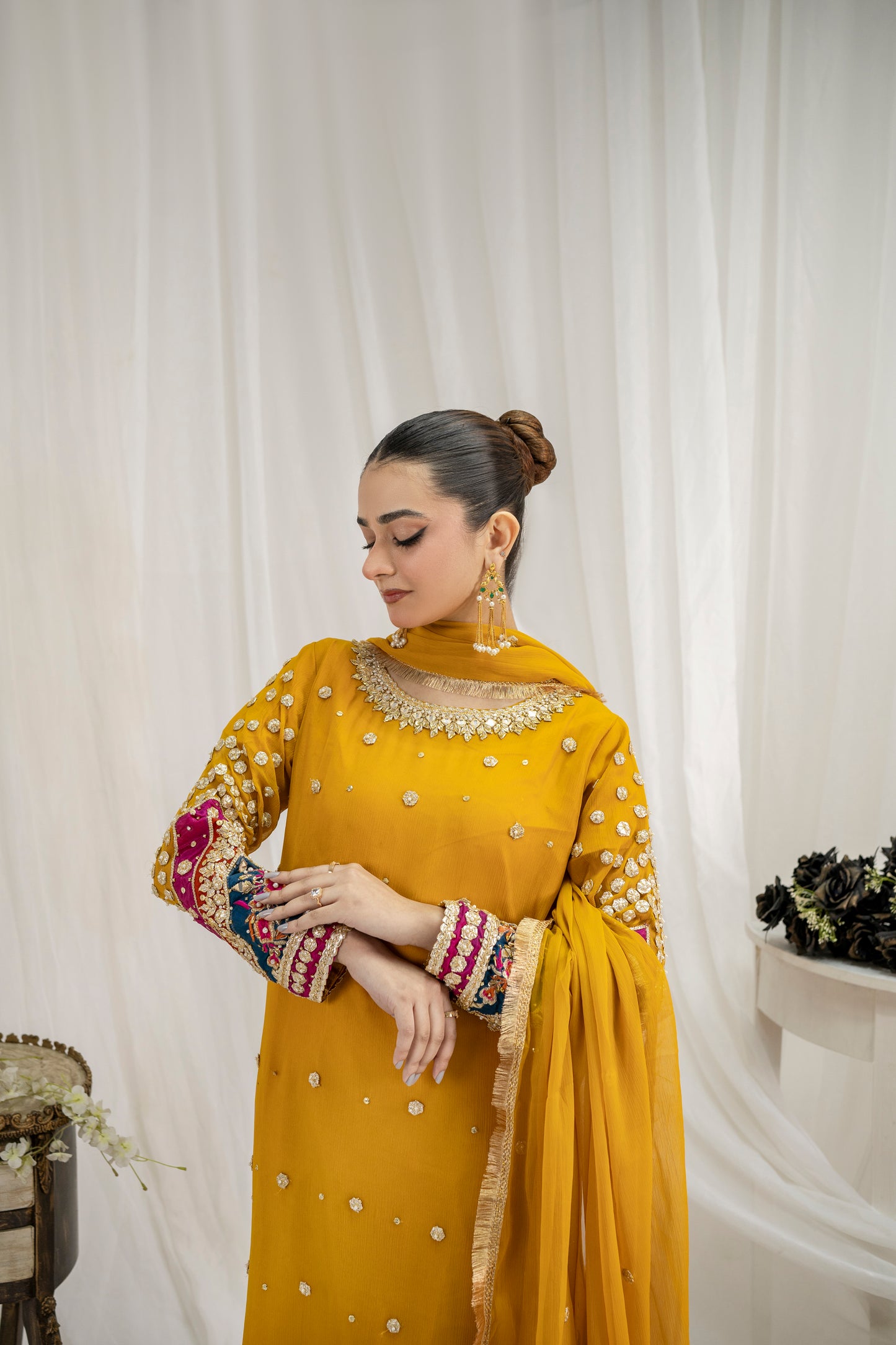 GULNAR – Mustard 3PC Chiffon Sharara Set