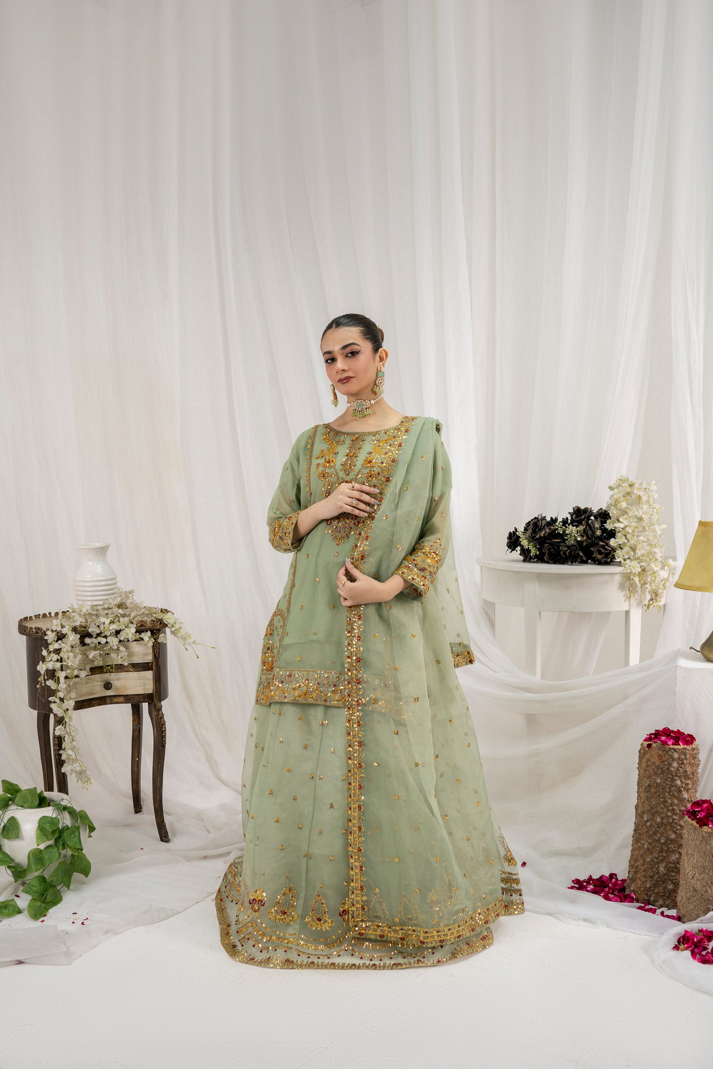 ZARAFSHAAN – Apple Green 3PC Chiffon Lehenga Set