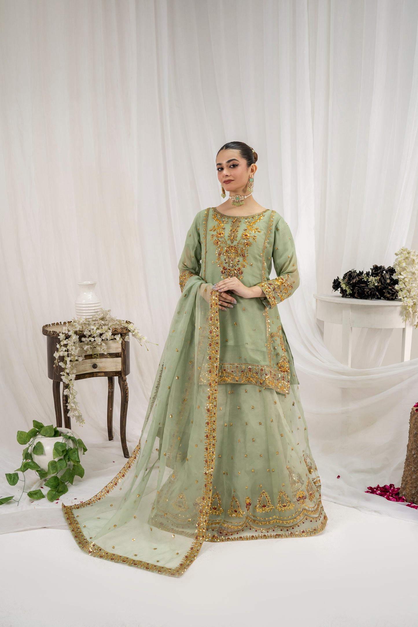 ZARAFSHAAN – Apple Green 3PC Chiffon Lehenga Set