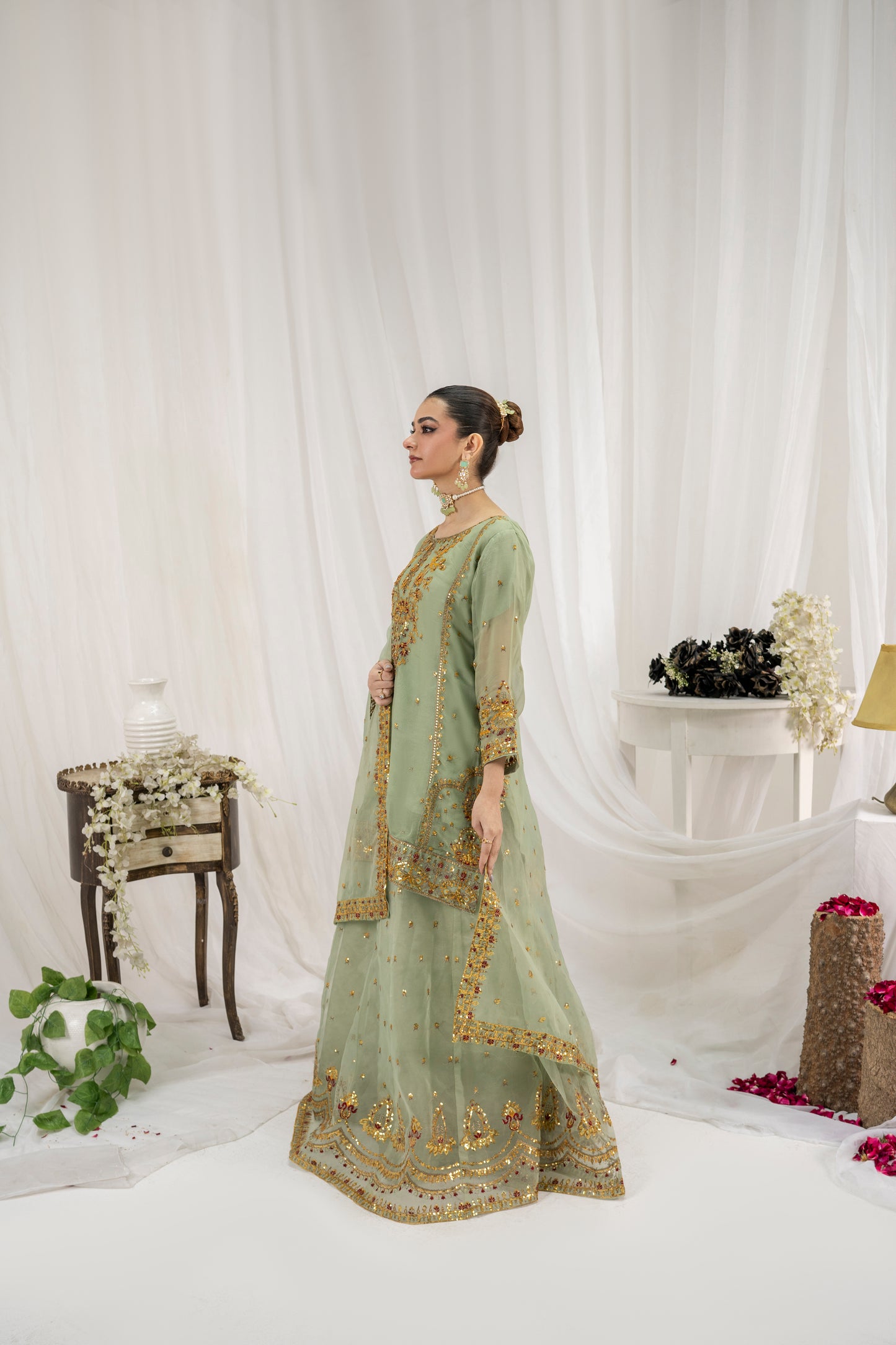 ZARAFSHAAN – Apple Green 3PC Chiffon Lehenga Set