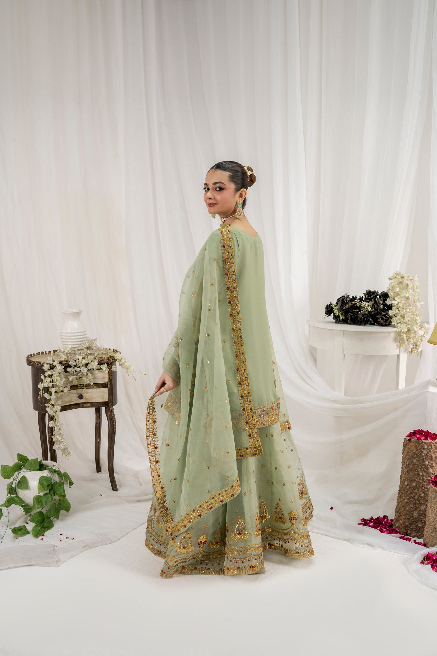 ZARAFSHAAN – Apple Green 3PC Chiffon Lehenga Set