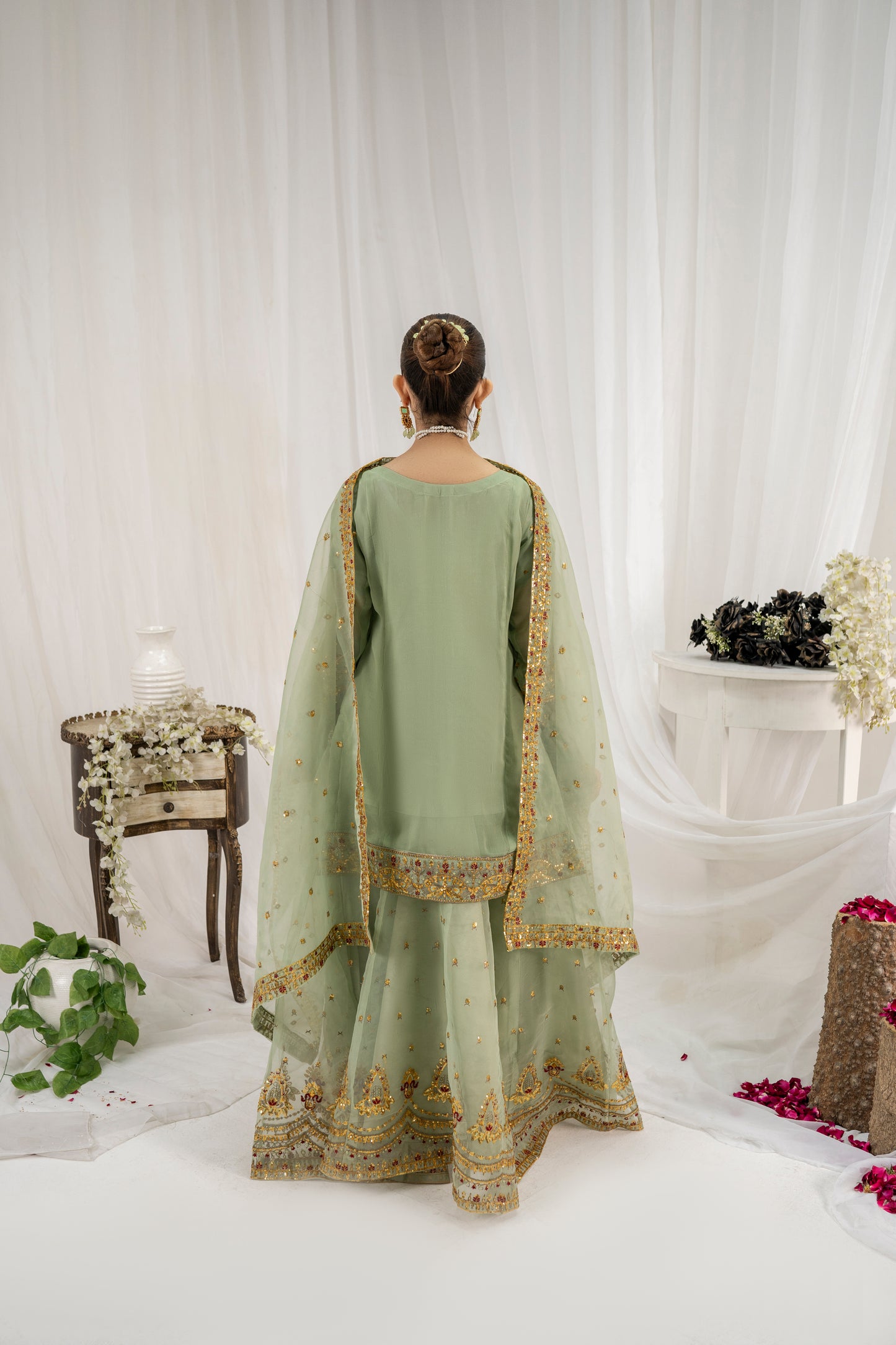 ZARAFSHAAN – Apple Green 3PC Chiffon Lehenga Set