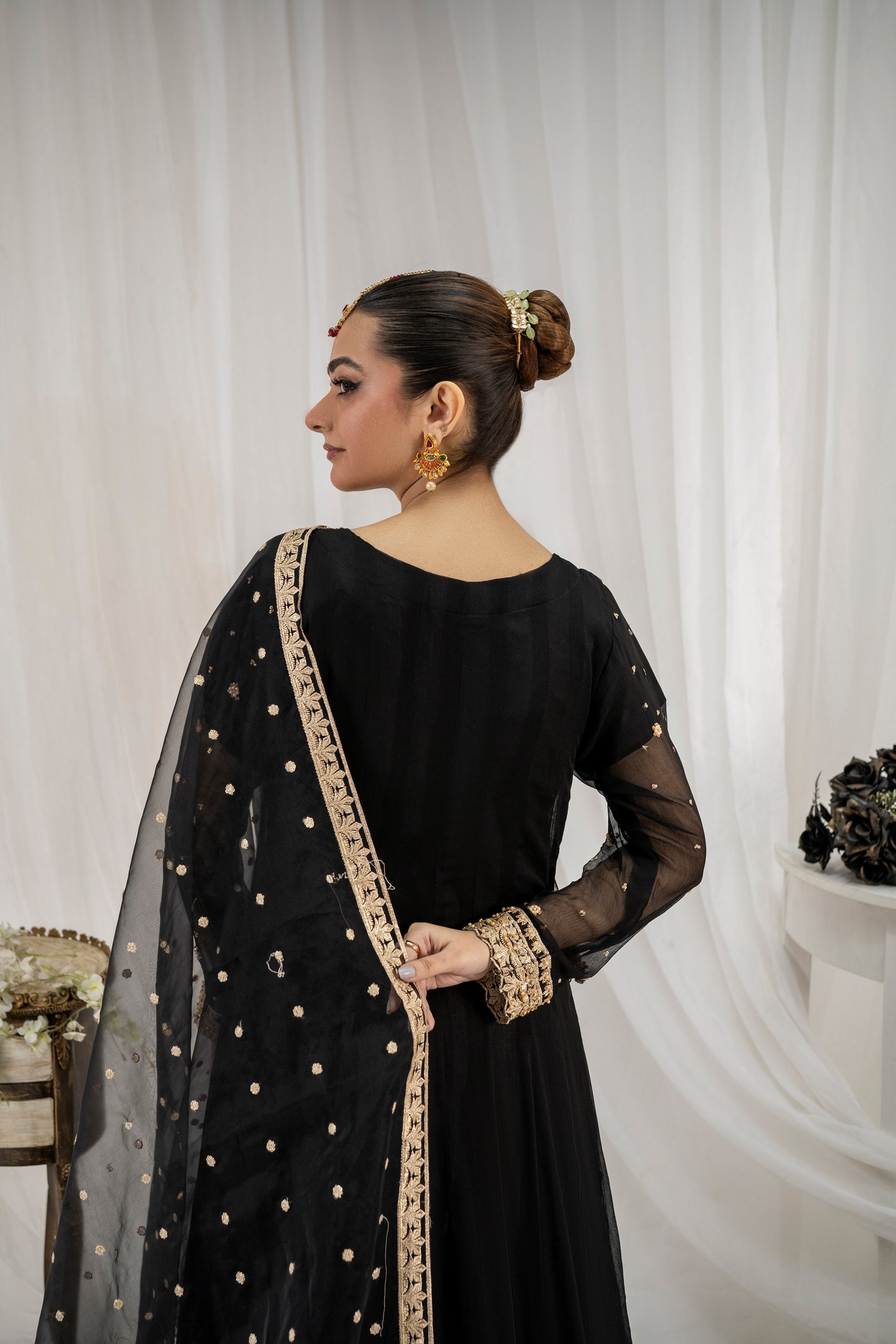 AABROO – Jet Black 3PC Chiffon Pishwas Set