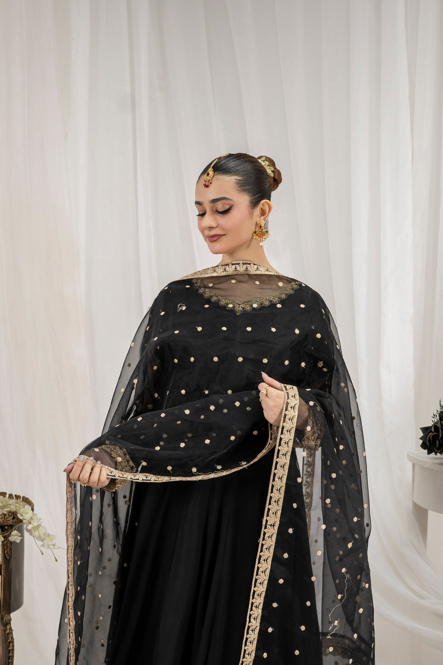 AABROO – Jet Black 3PC Chiffon Pishwas Set