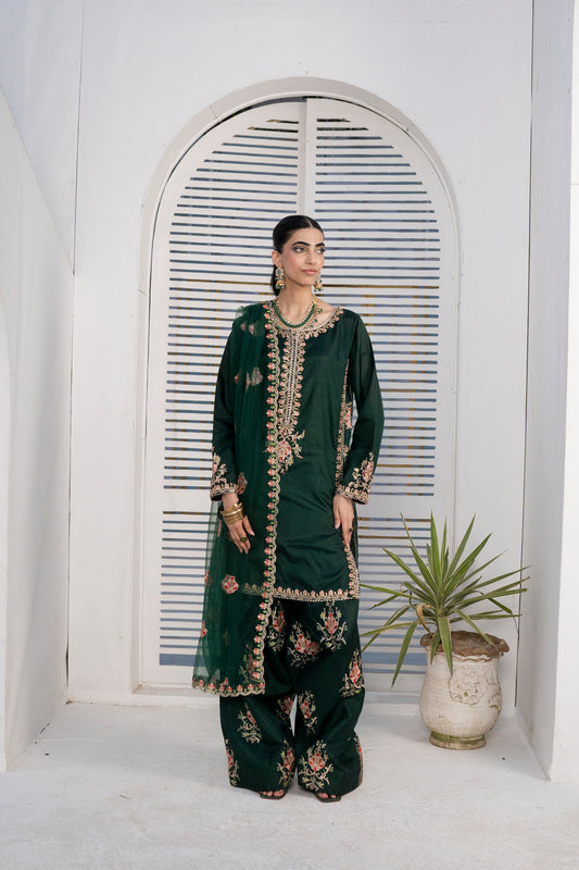 Farshi Luxe Green | 3 Pieces Silk