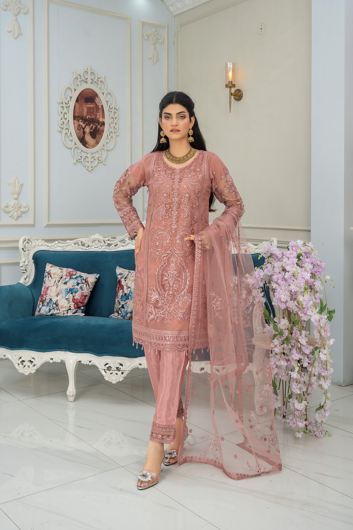 Tea Pink Temptation - 3 piece Embroidered Net