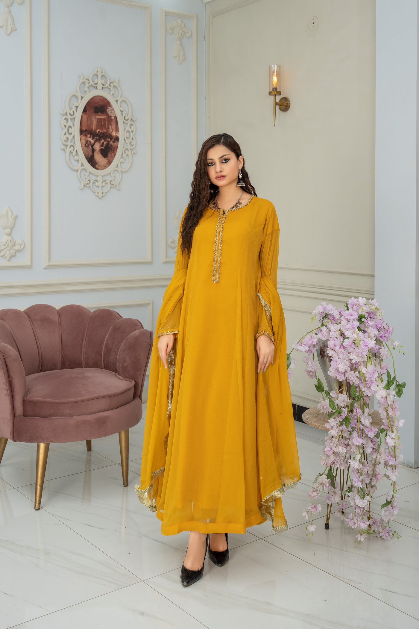 Luminous Amber Chiffon Attire - 3 piece