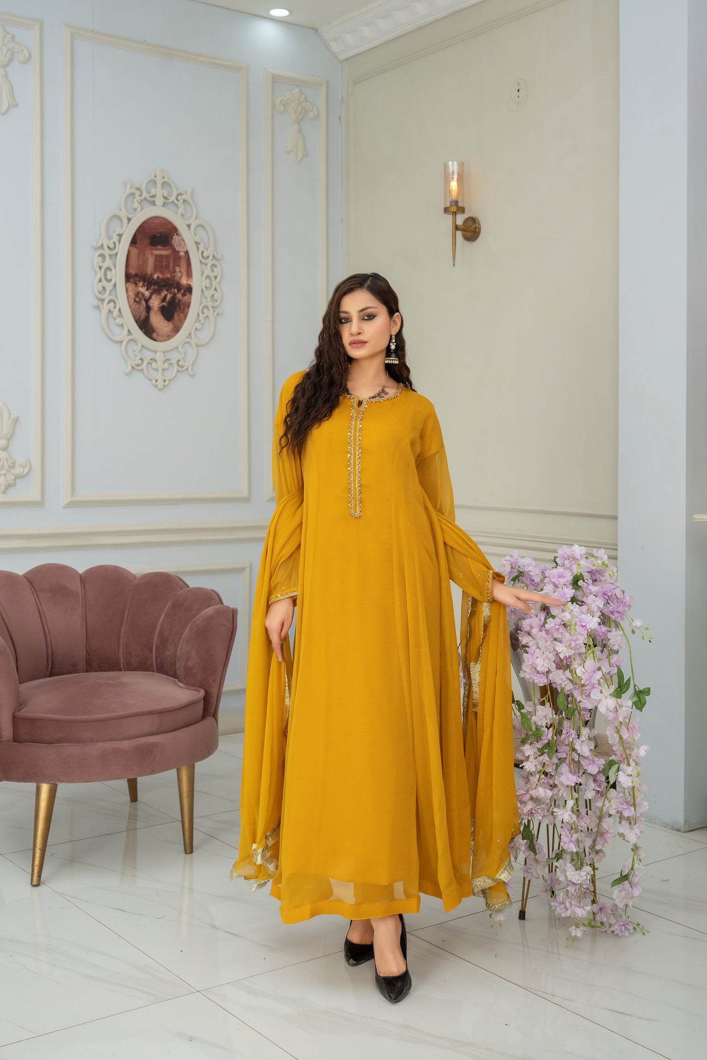 Luminous Amber Chiffon Attire - 3 piece