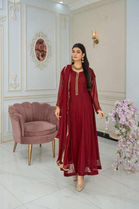 Royal Garnet Embellished Attire - 3 piece Chiffon