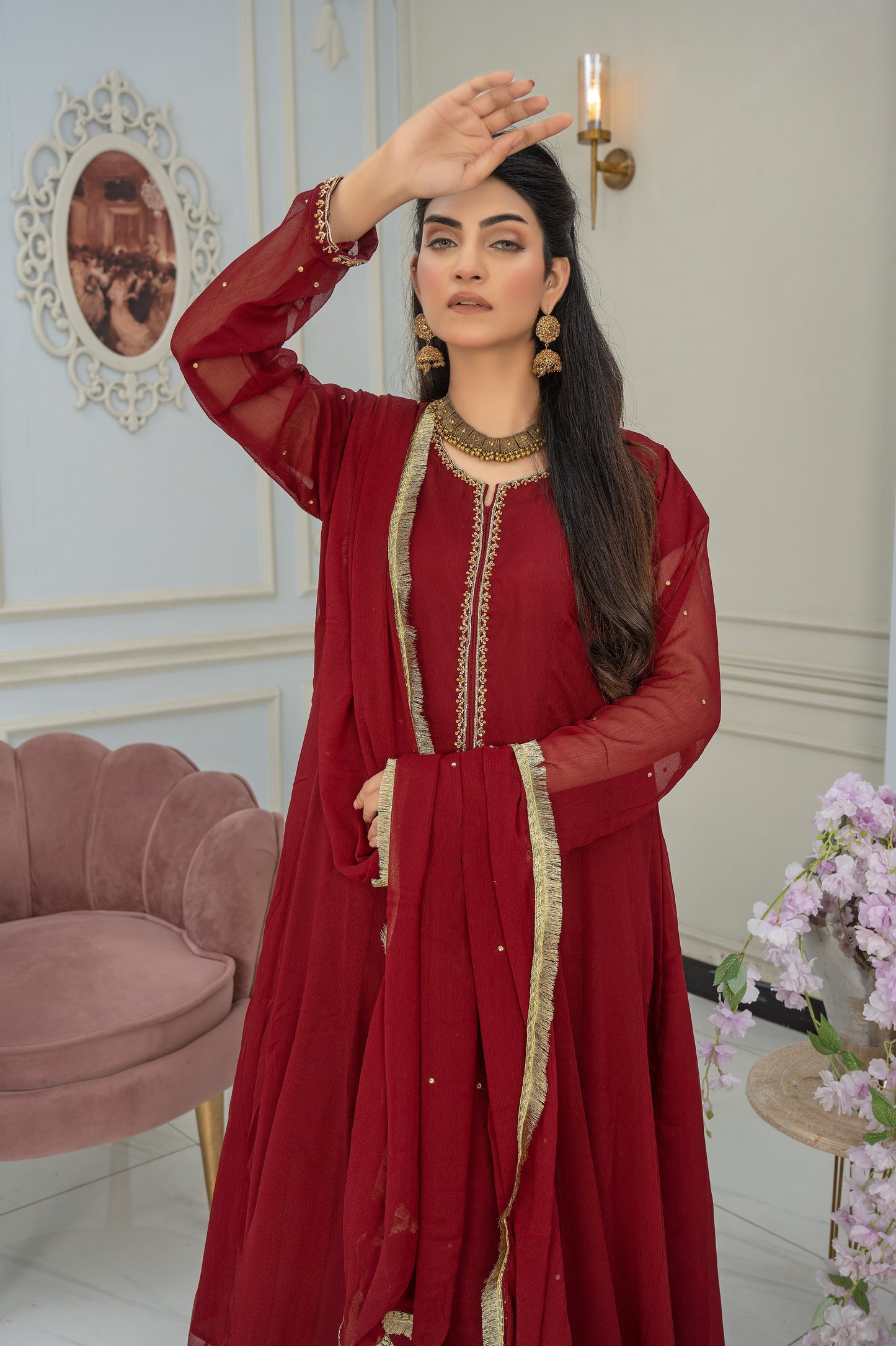 Royal Garnet Embellished Attire - 3 piece Chiffon