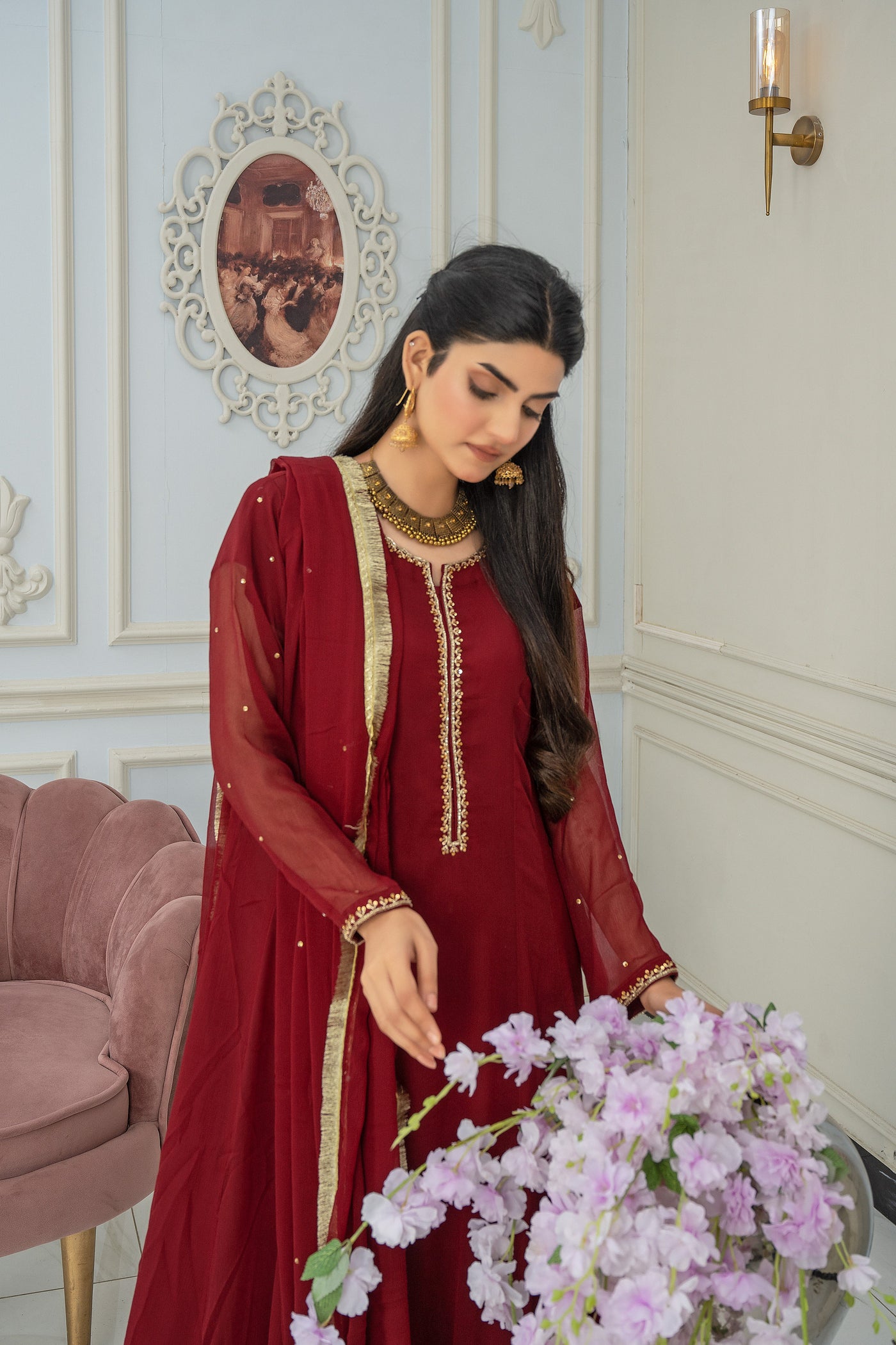 Royal Garnet Embellished Attire - 3 piece Chiffon