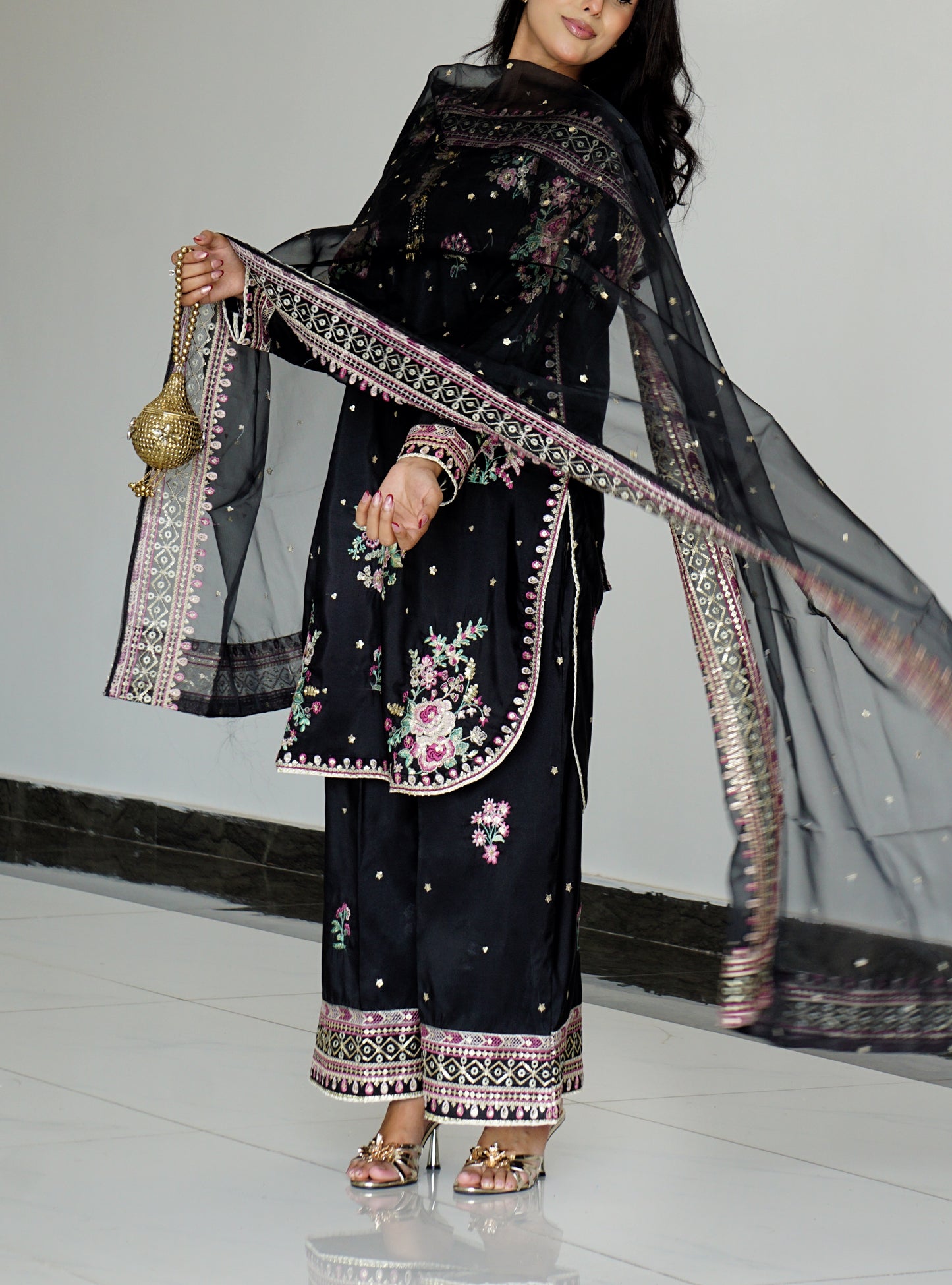 Black Gul - 3pcs Silk Kurta Set
