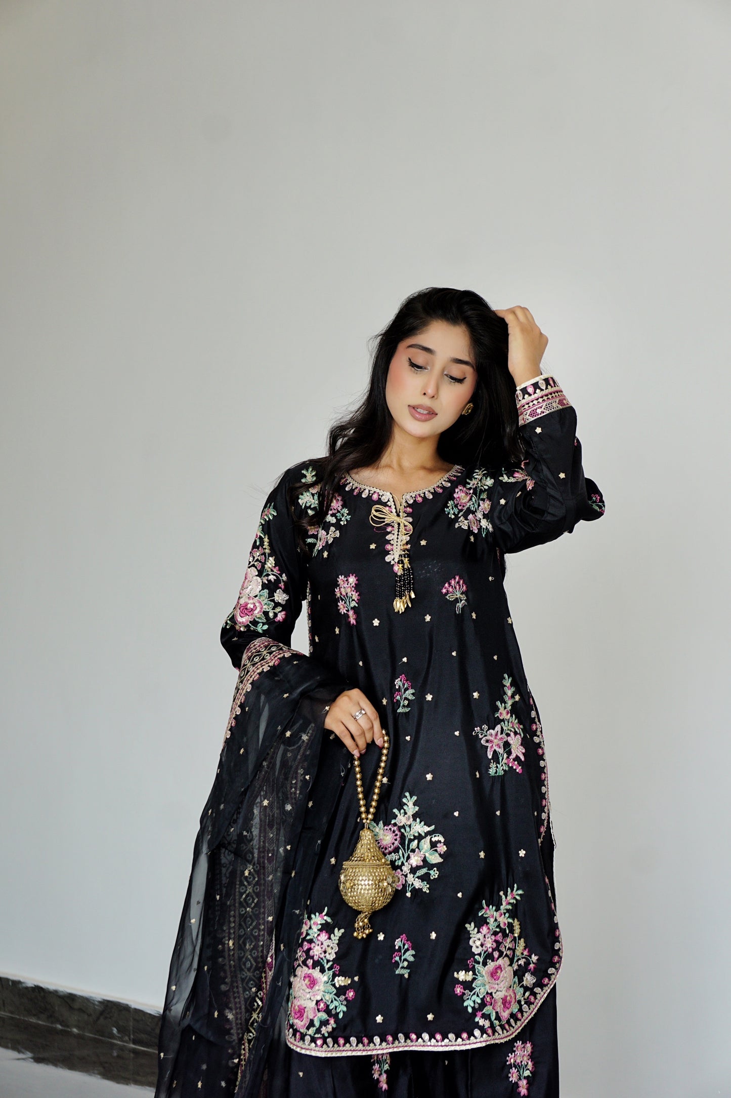 Black Gul - 3pcs Silk Kurta Set