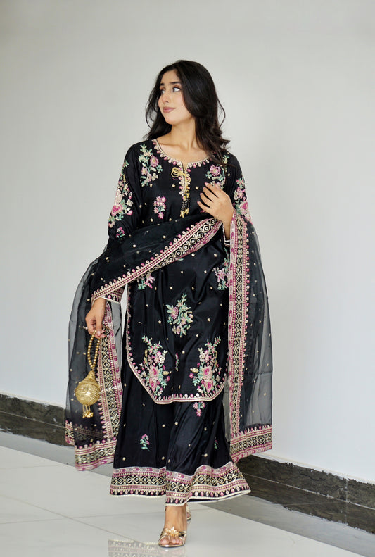 Black Gul - 3pcs Silk Kurta Set