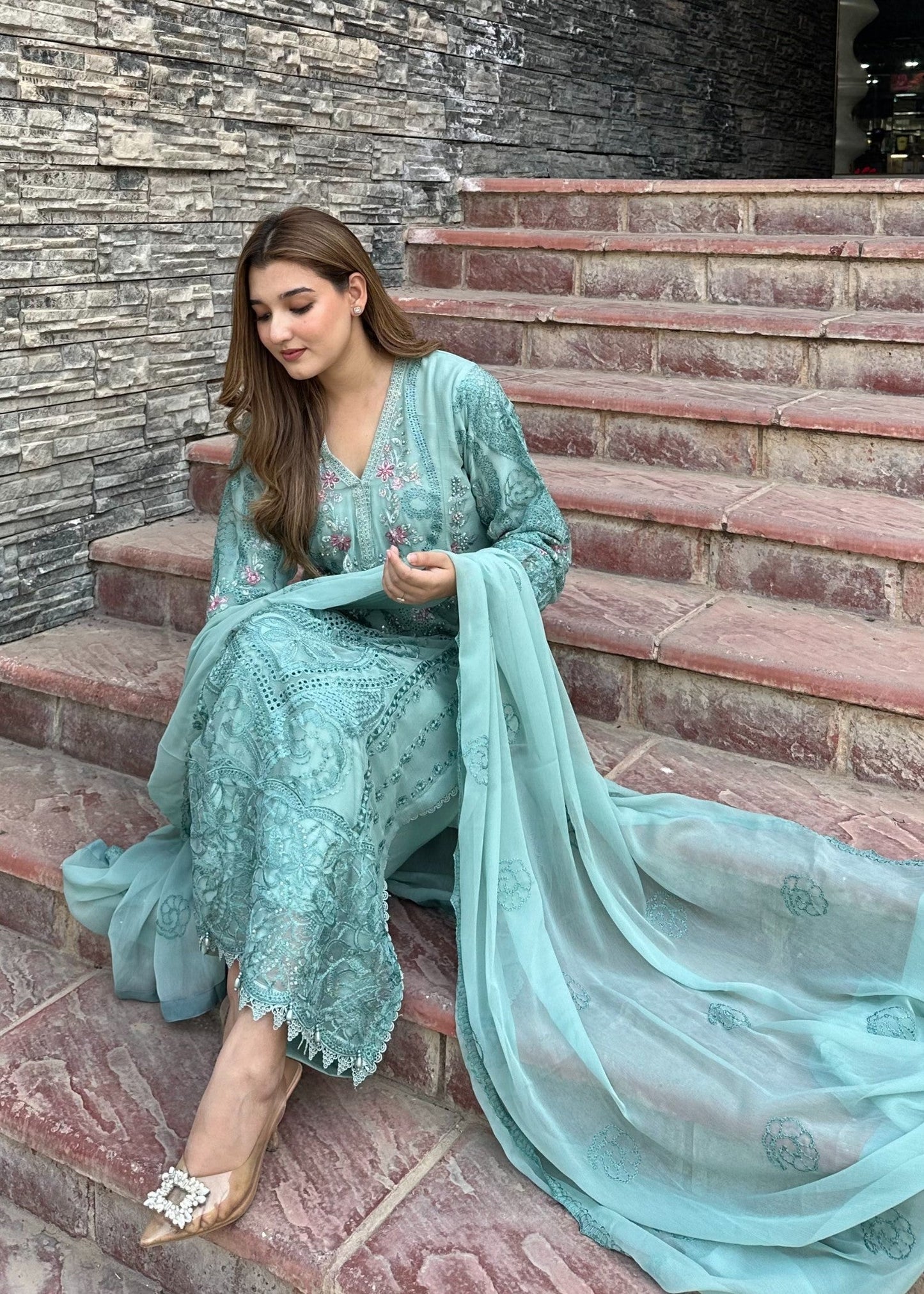 Aqua Glow Pret | 3pcs Chiffon Kurta Set