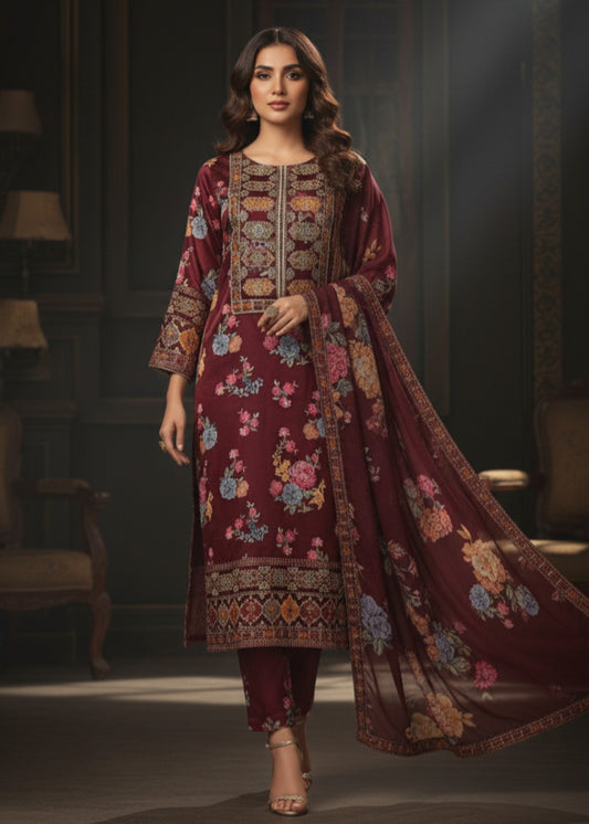 NOOR MAROON | 3pcs Shimoz Silk