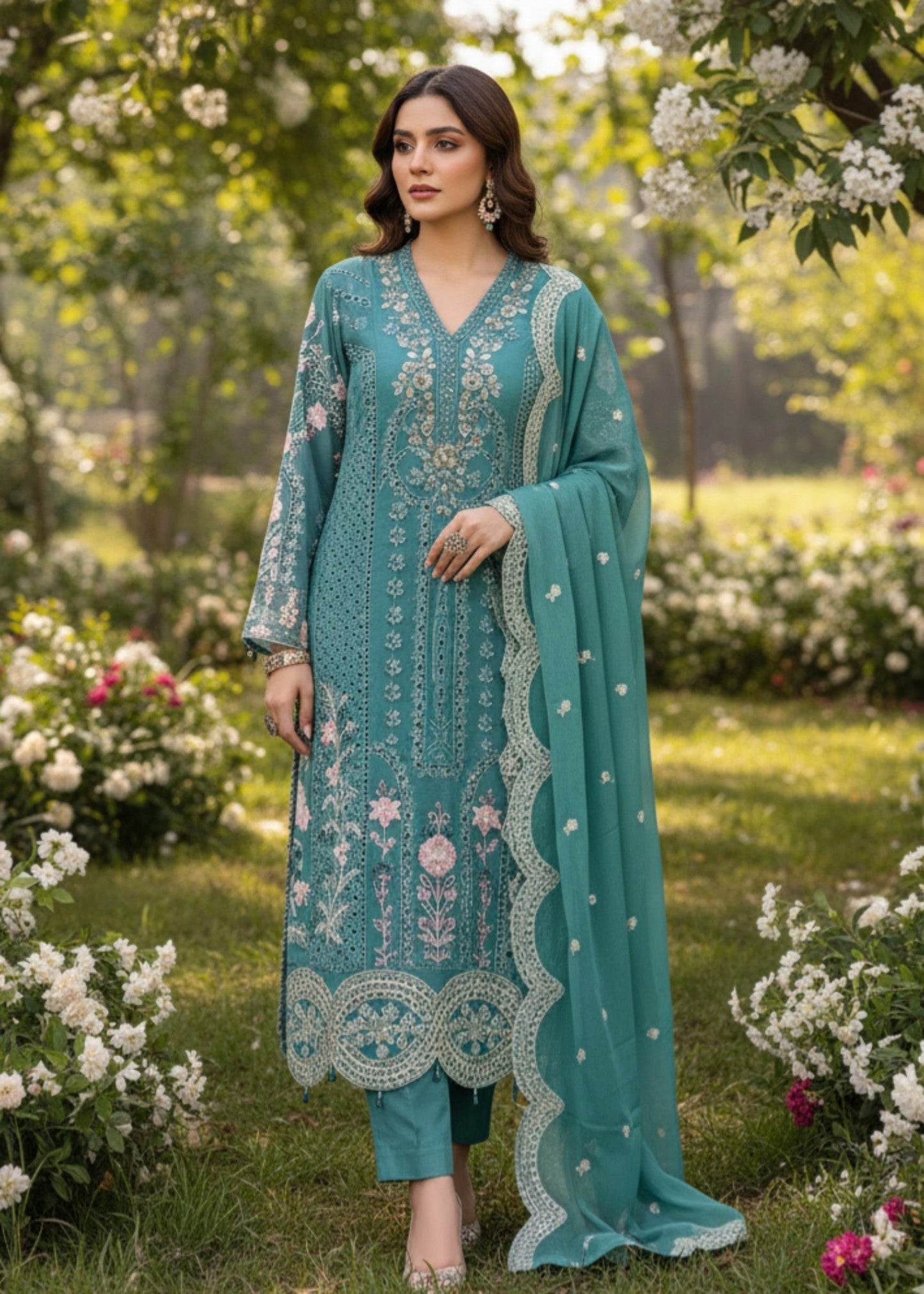 Teal Glory | 3pcs Chiffon Kurta Set