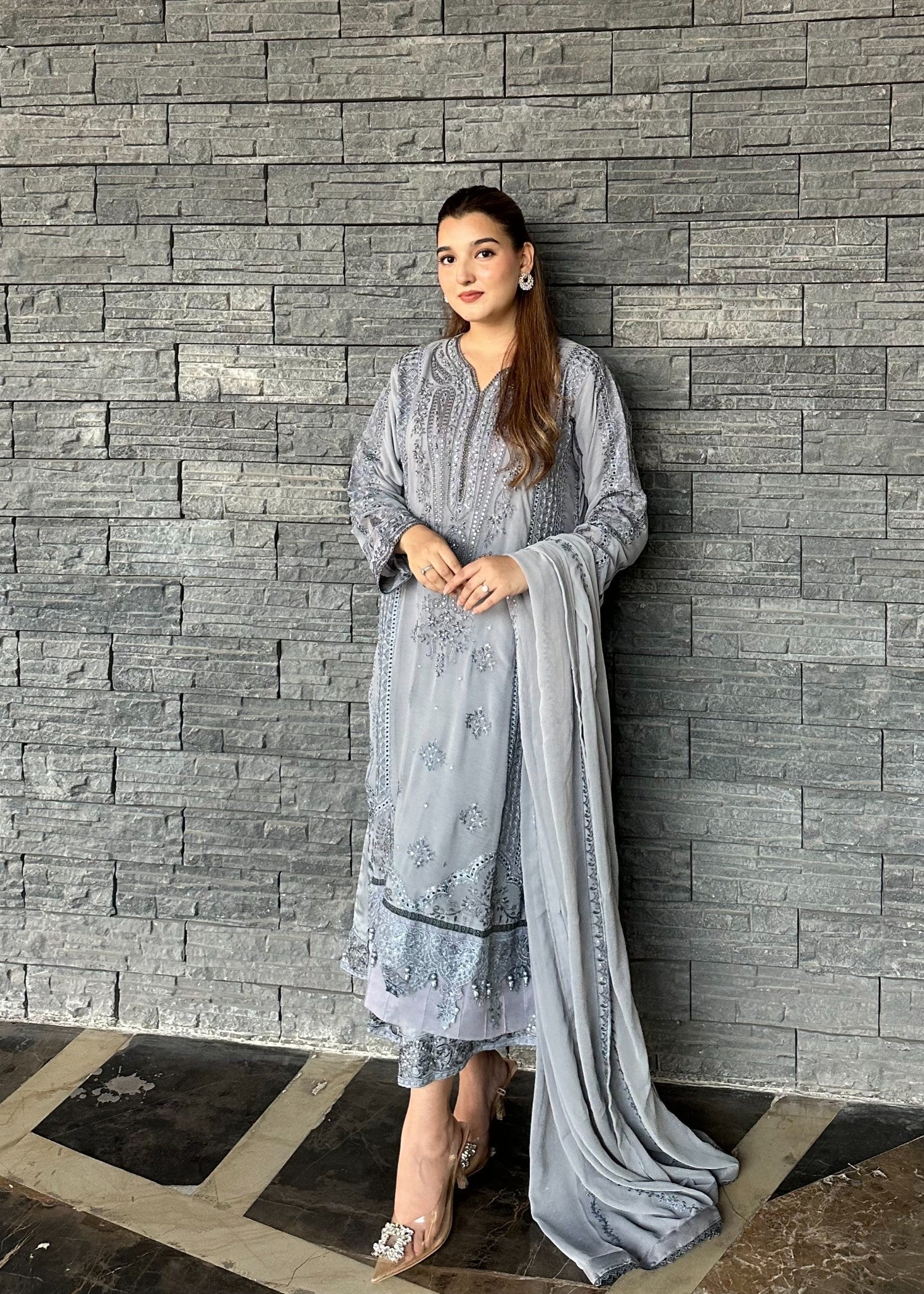 Grey Mist Pret | 3pcs Chiffon Kurta set