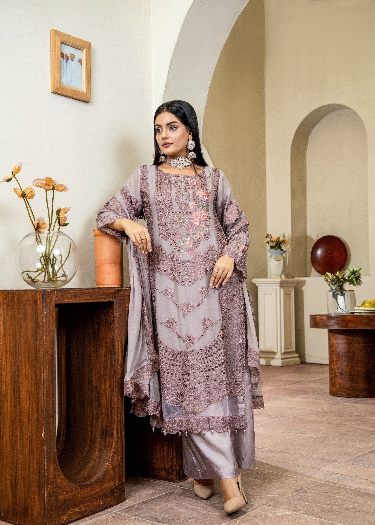 Mauve Rose Pret | 3pcs Chiffon Kurta Set