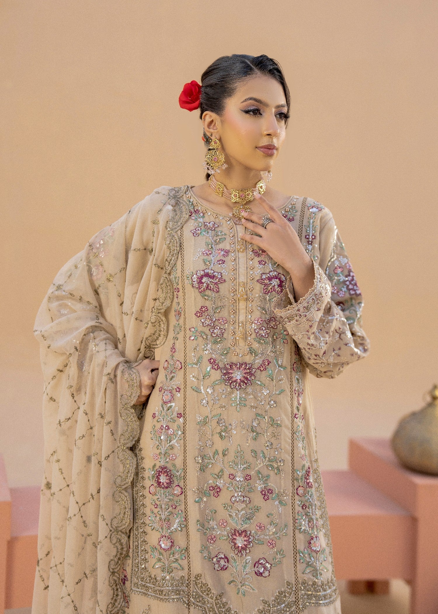Banno Beige | 3pcs Chiffon Gharara Set