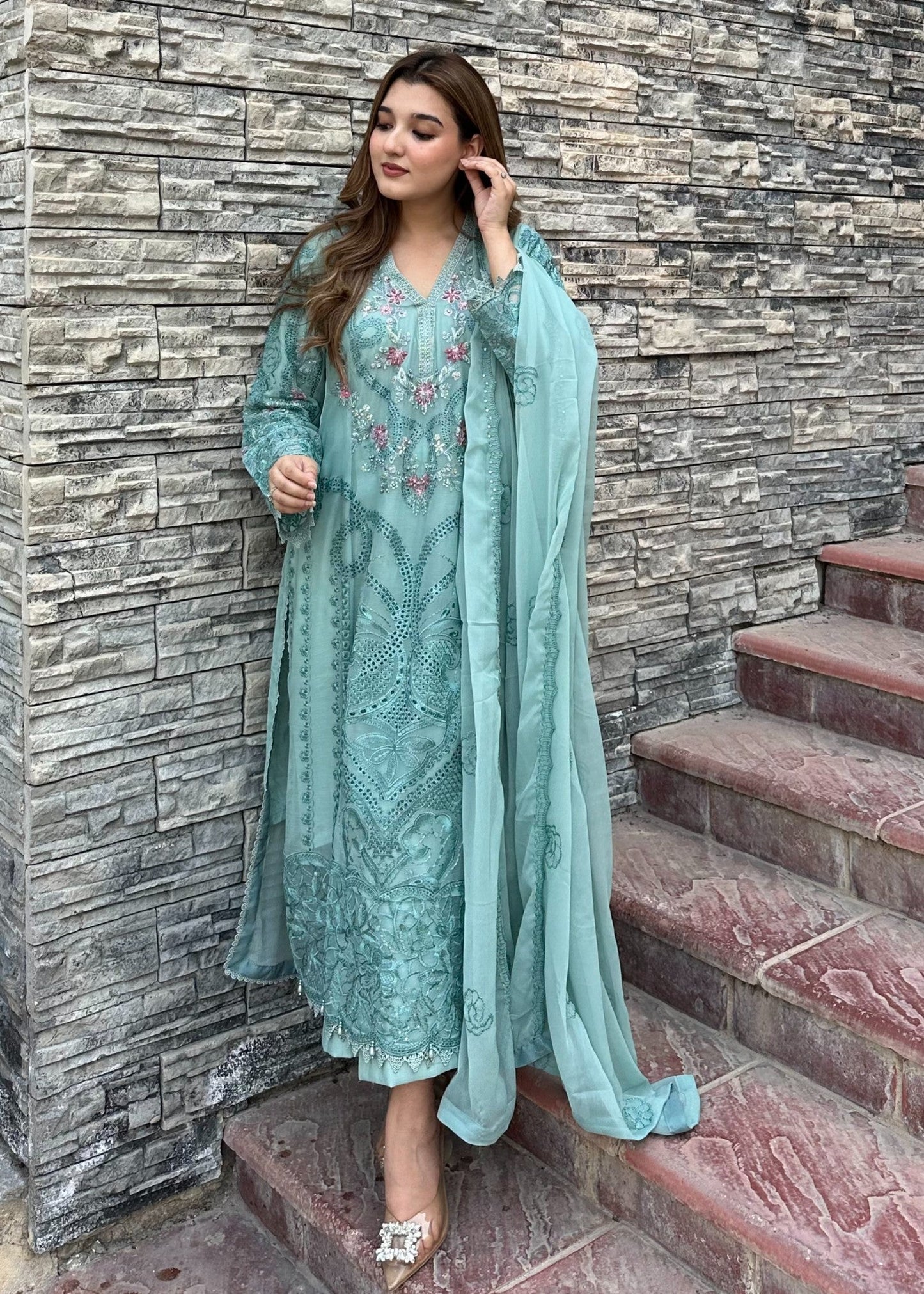 Aqua Glow Pret | 3pcs Chiffon Kurta Set