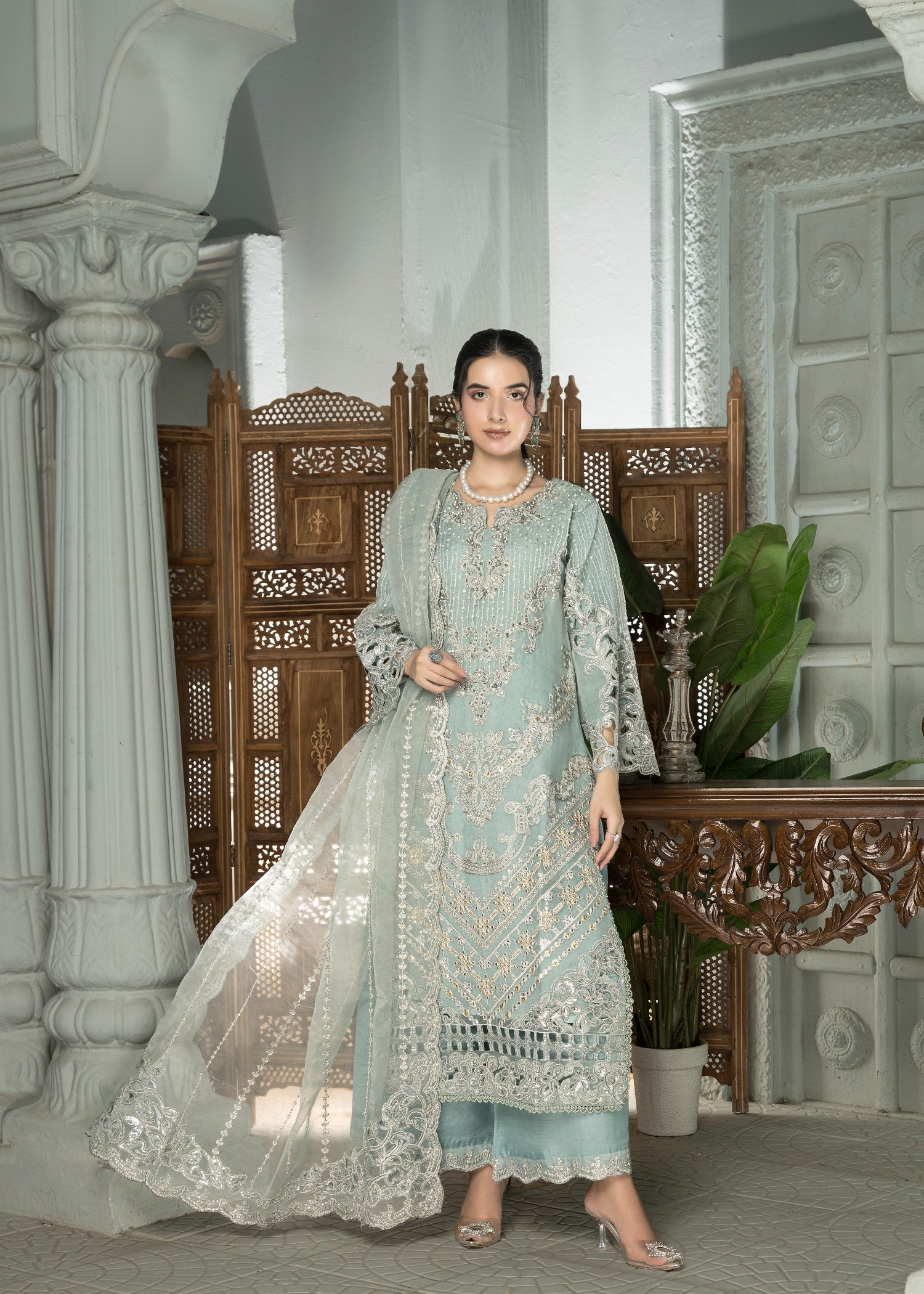 Mehru Ice Blue | 3pcs Organza