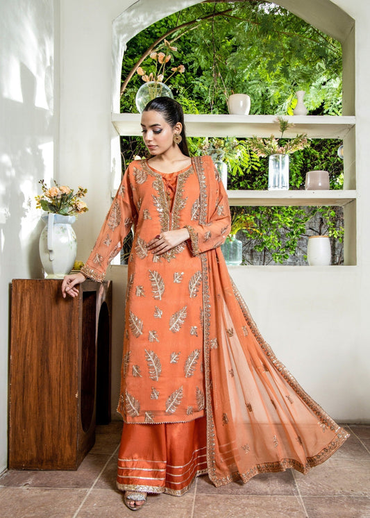 Sunset Orange Pret | 3pcs Chiffon Kurta Set