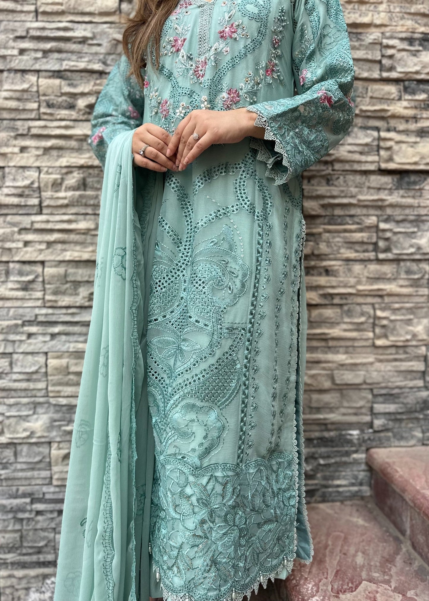 Aqua Glow Pret | 3pcs Chiffon Kurta Set