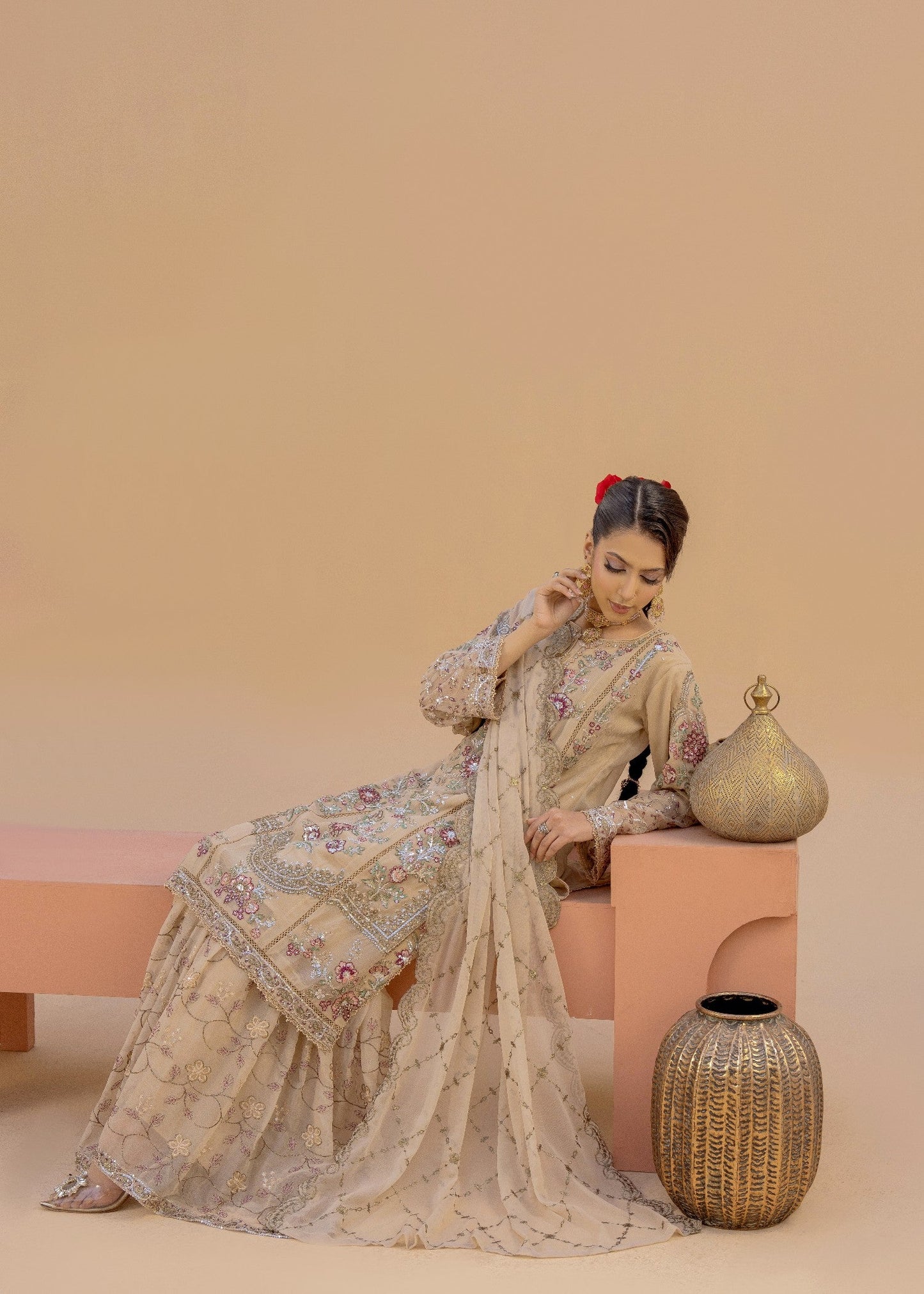 Banno Beige | 3pcs Chiffon Gharara Set