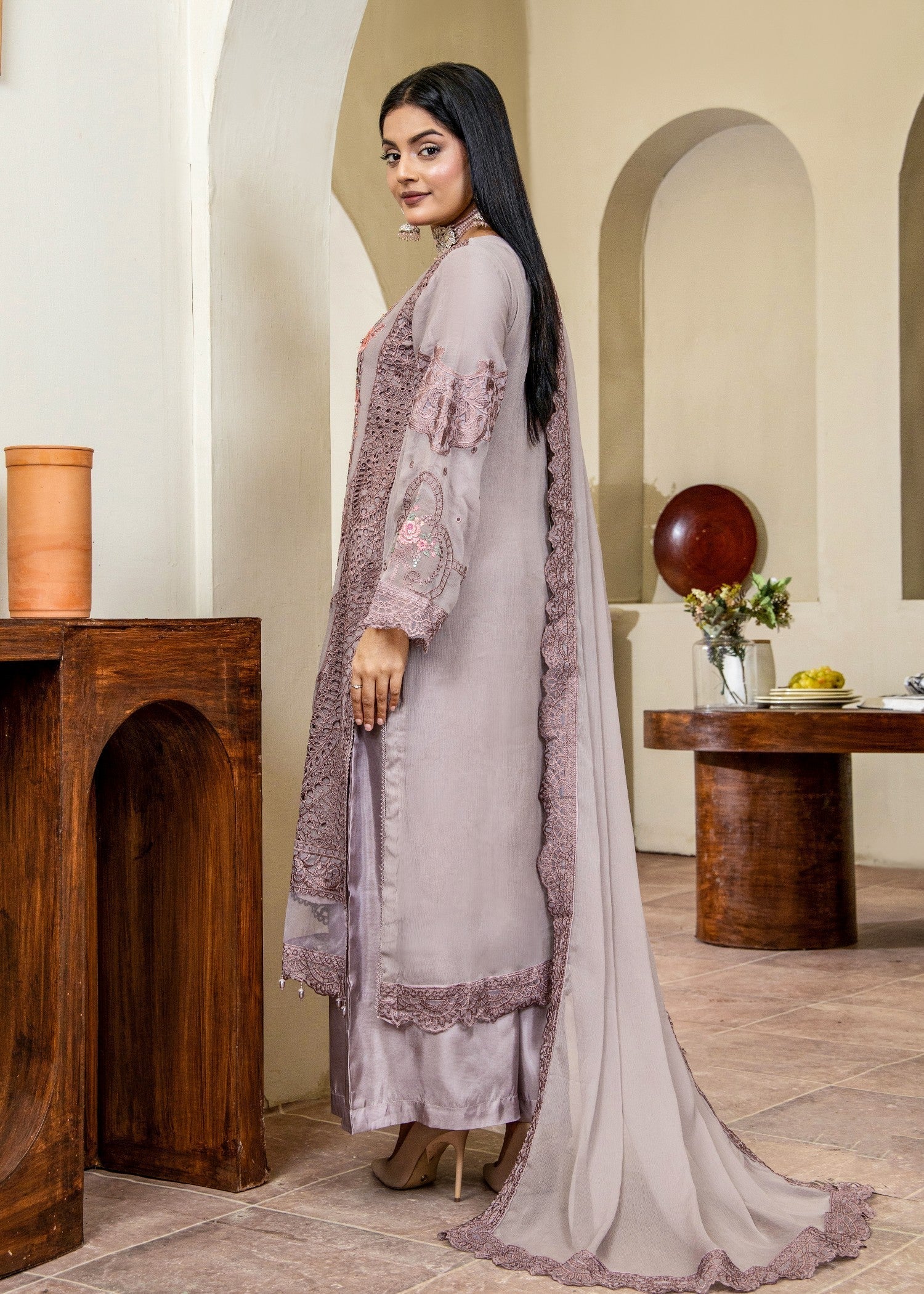 Mauve Rose Pret | 3pcs Chiffon Kurta Set