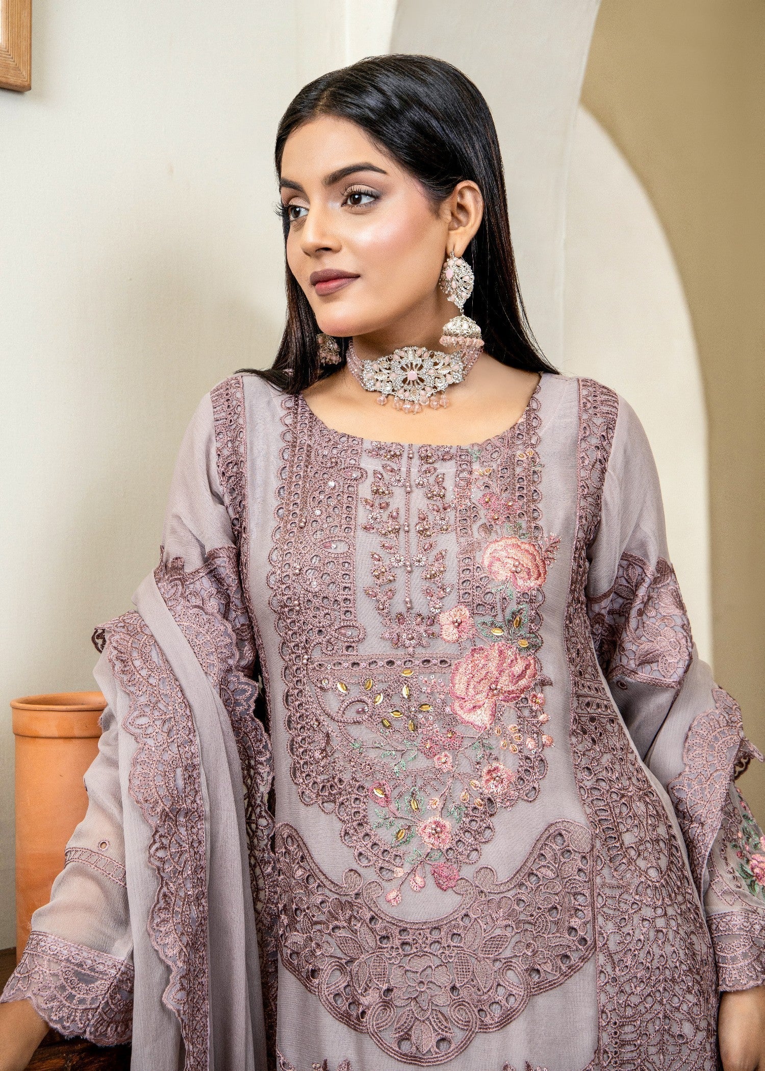 Mauve Rose Pret | 3pcs Chiffon Kurta Set