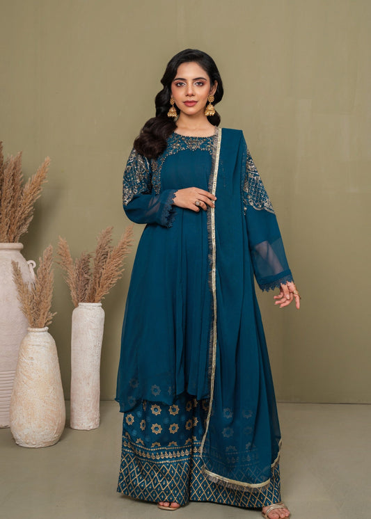 Shehnai Teal - 3pc Chiffon Frock