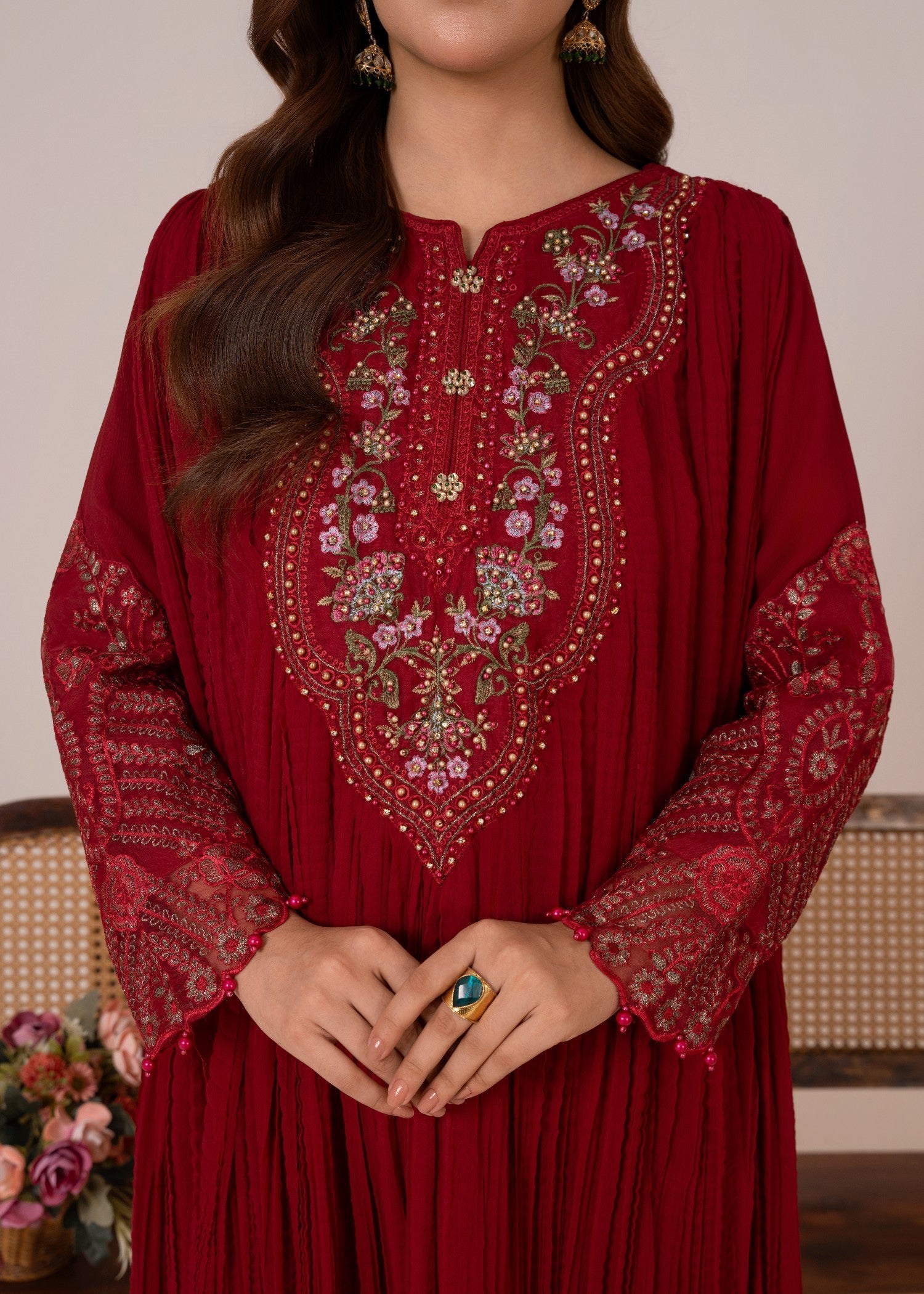 Red Crush - 3pc Chiffon Pishwas
