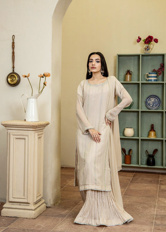 Cream Luxe Pret | 3pcs Chiffon Sharara Set
