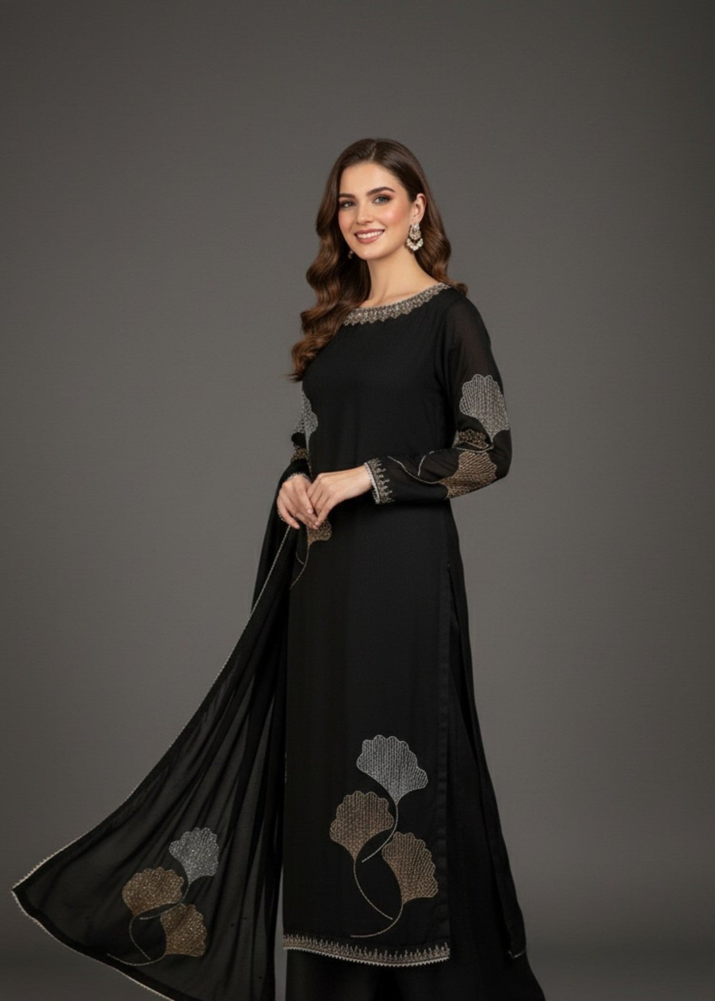 Glow Pret Black | 3pcs Chiffon Kurta Set