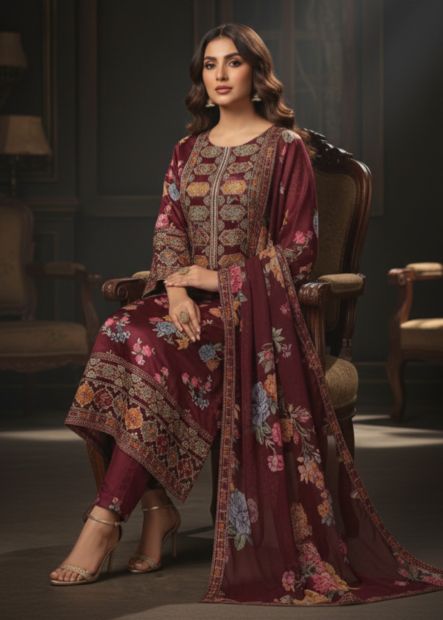 NOOR MAROON | 3pcs Shimoz Silk