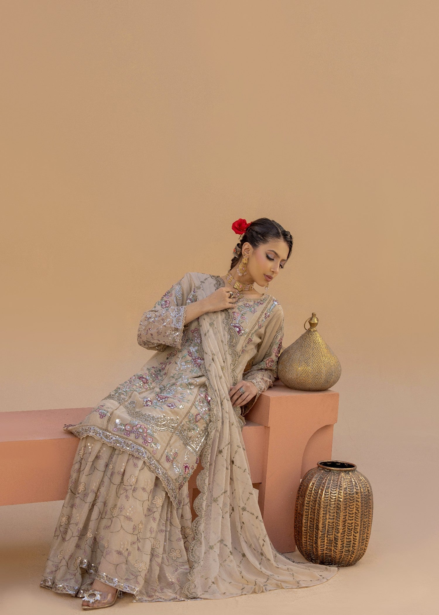 Banno Beige | 3pcs Chiffon Gharara Set