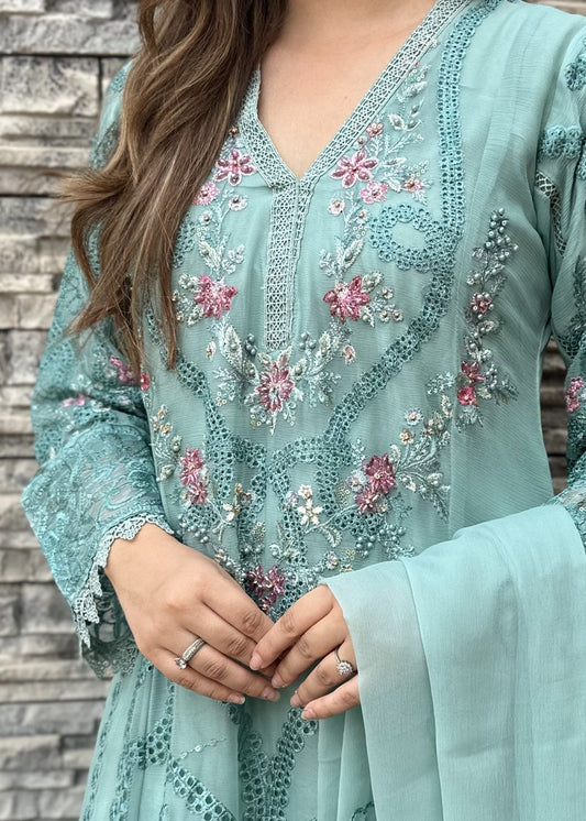 Aqua Glow Pret | 3pcs Chiffon Kurta Set
